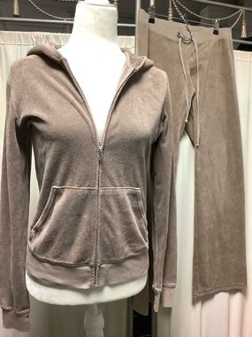 Juicy Couture Y2K Taupe Terry Zip Up Hoodie Velour Lounge Pants 32 x 32